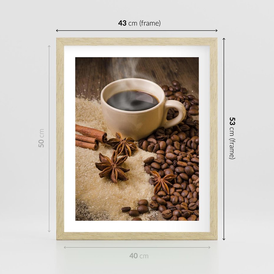 Plakat w ramie 40x50 - Kawowa filiżanka pełna aromatu - kawa, filiżanka - rama drewno