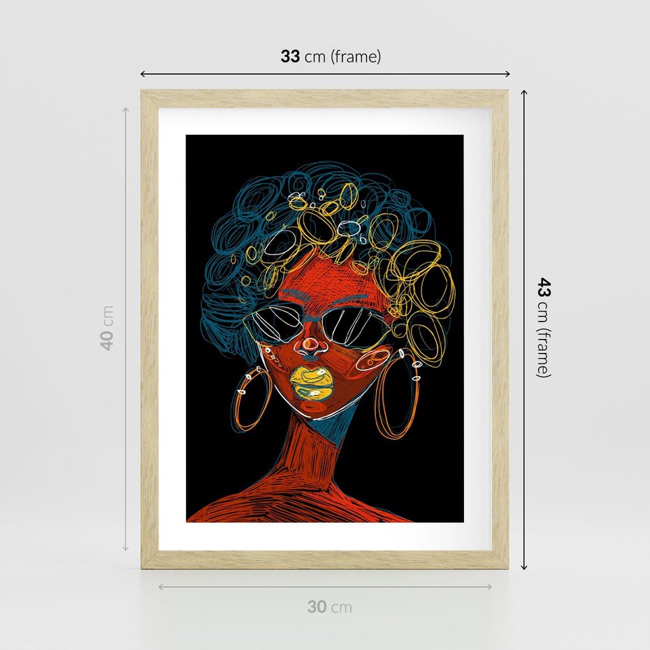 Plakat w ramie 30x40 - Kolorowe Wibracje Rzeczywistości - abstrakcyjny portret kobiety, twarz - rama drewno
