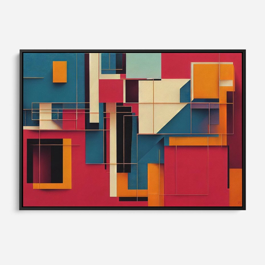 Obraz w ramie 70x50 - Przejście przez labirynt myśli - kolorowa abstrakcja, instalacja z prostokątów i lini - rama czarna