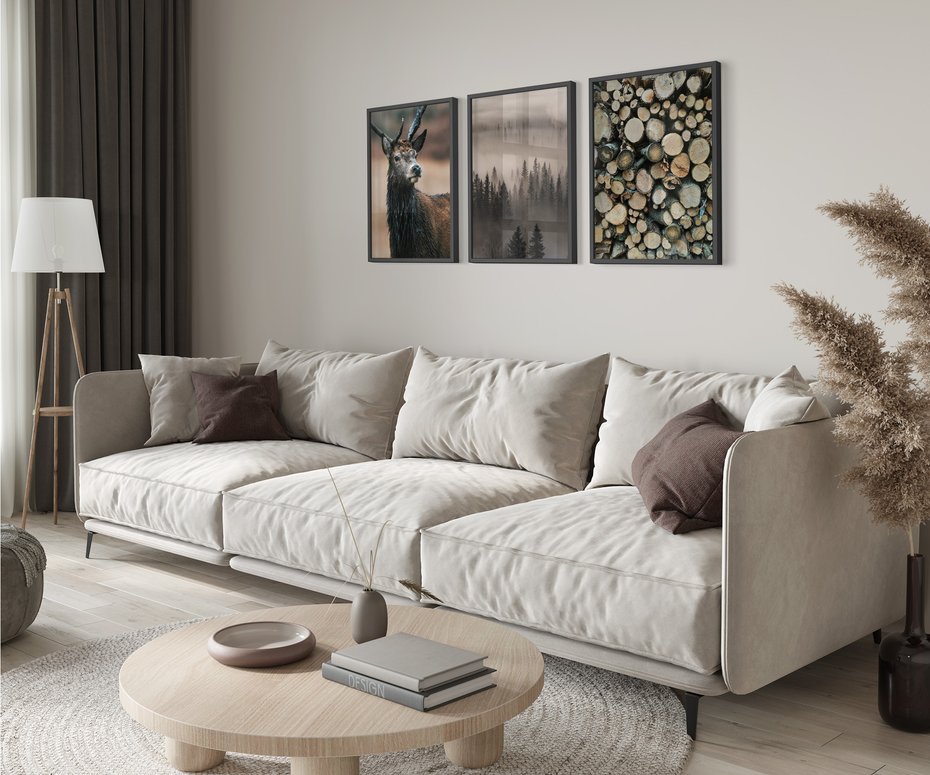 Zestaw obrazy w ramie 40x50 galeria - Jeleń, las, drzewa, boho, skandynawski - rama czarna