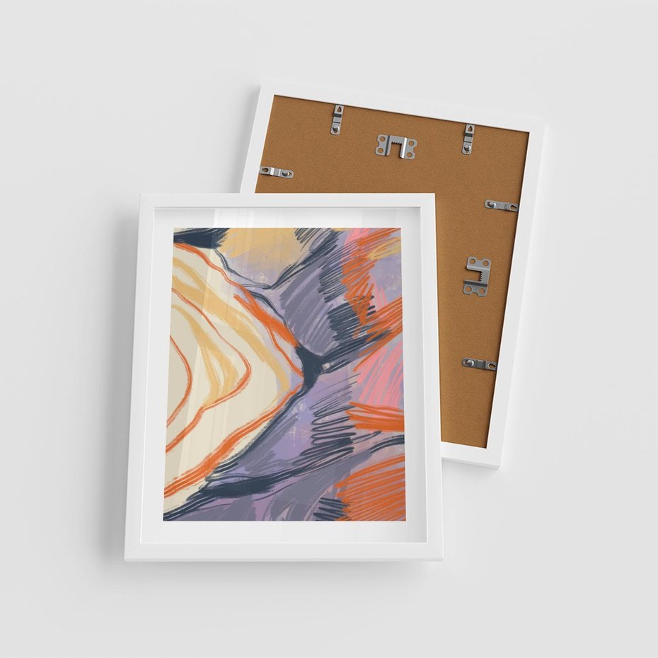 Plakat w ramie 40x50 - Pokreślony Świat - abstrakcyjne formy, odcienie pomarańczu i fioletu - rama biała