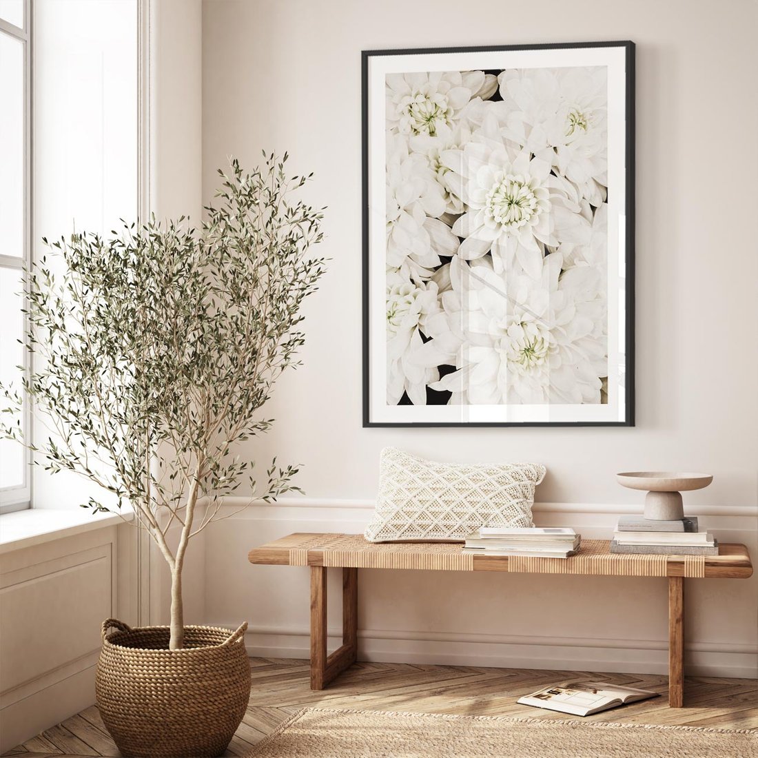Plakat w ramie 50x70 - Białe Kwiaty: Płatki Delikatności - białe kwiaty, zbliżenie - rama czarna