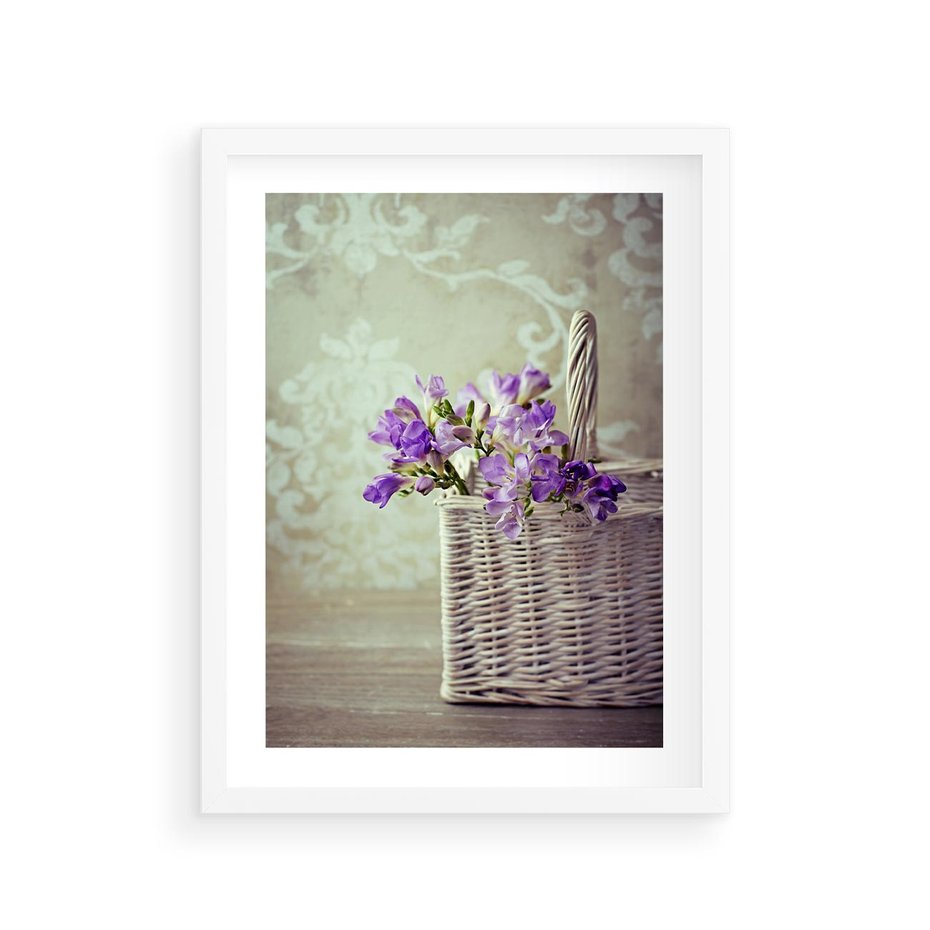 Plakat w ramie 30x40 - Kwiatowy koszyk - kwiaty, koszyk - rama biała