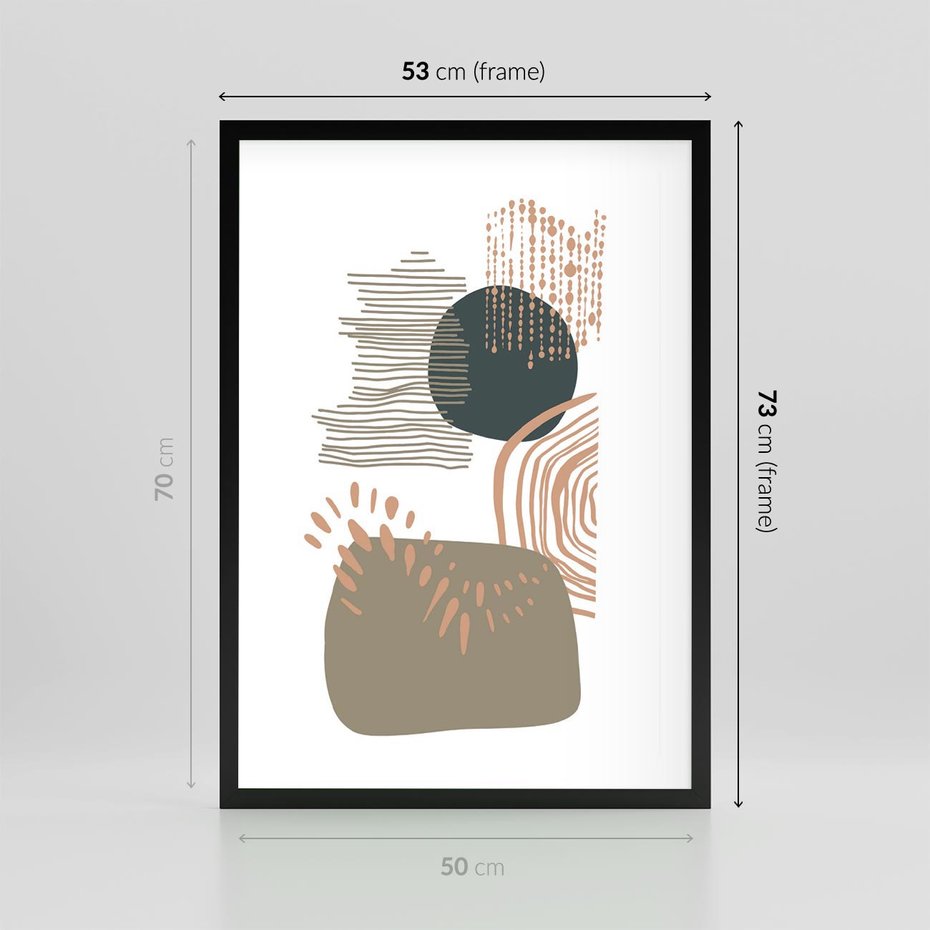 Plakat w ramie 50x70 - Taniec Plam - abstrakcyjna kompozycja z kropek kresek i kółek, odcienie brązu i beżu - rama czarna