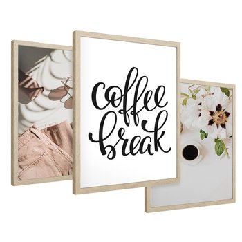 Zestaw obrazy w ramie 50x70 galeria - Coffee, break, kawa, napis - rama drewno