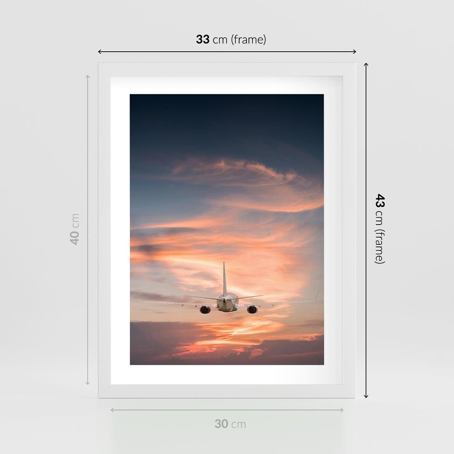 Plakat w ramie 30x40 - Podróż w Kierunku Słońca - samolot, samolot w powietrzu - rama biała