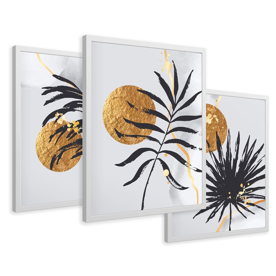 Zestaw obrazy w ramie 30x40 galeria - Liście, tropikalne, złote - rama biała