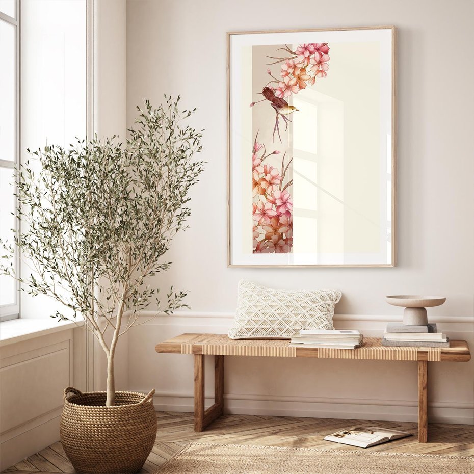 Plakat w ramie 40x50 - Rozkwitające Marzenia - japońska sztuka, ptak - rama drewno