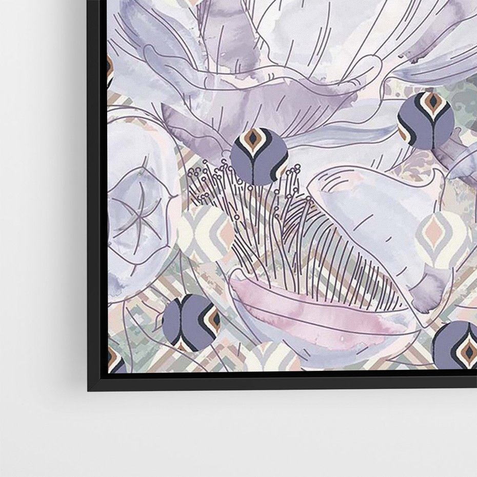 Obraz w ramie 50x70 - Malowane oddechy istnienia - pomieszane tekstury, kwiatowe elementy - rama czarna