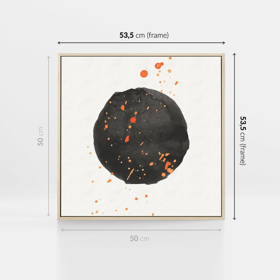 Obraz w ramie 50x50 - Wibracje Kolorów - abstrakcyjna czarna plama, rozsiane pomarańczowe kropki - rama drewno