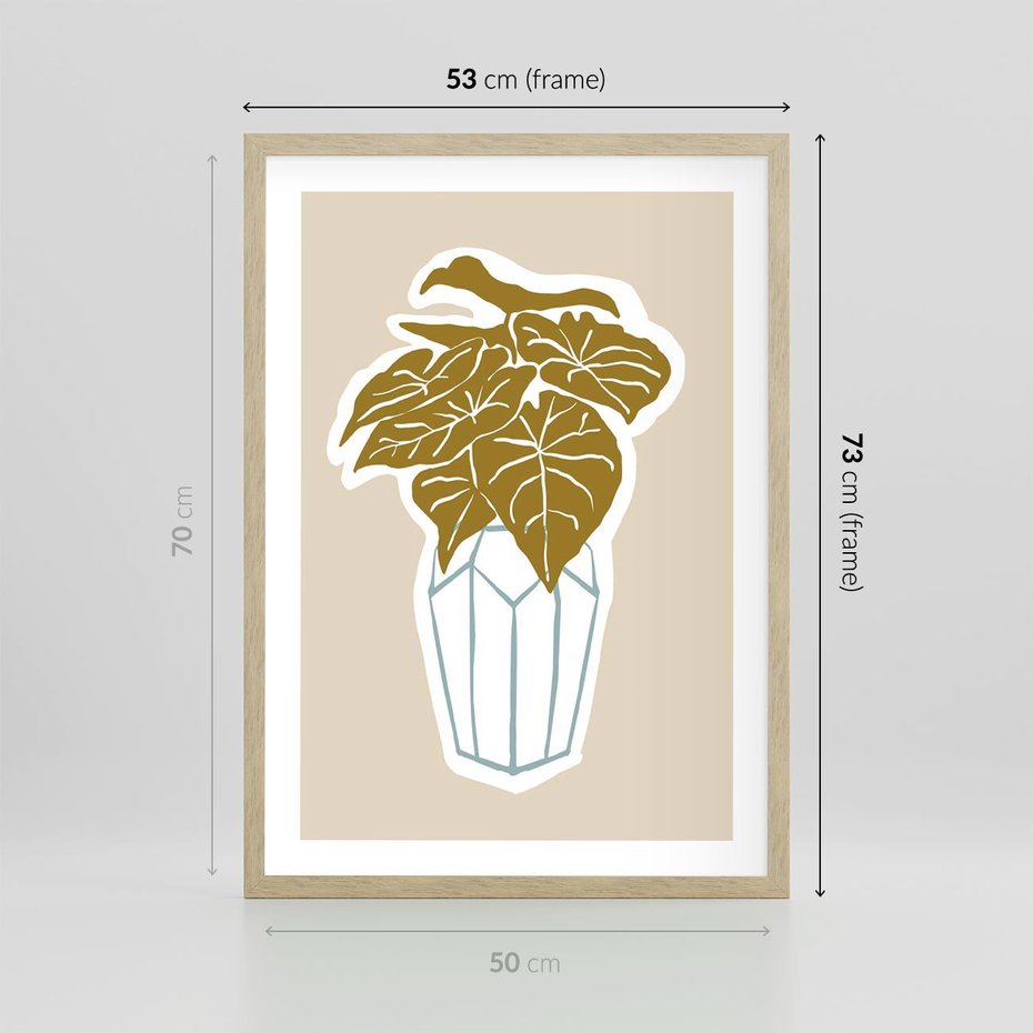 Plakat w ramie 50x70 - Bezgraniczne Marzenia - nowoczesna kompozycja, liście monstery w wazonie - rama drewno