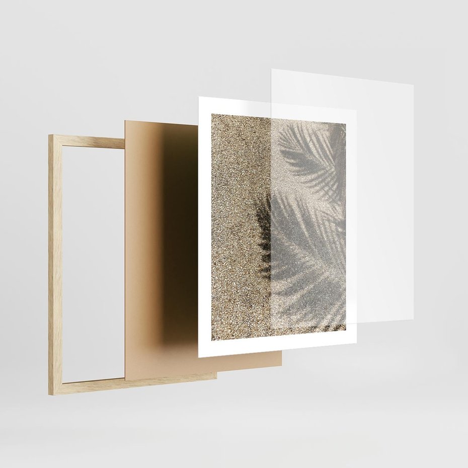 Plakat w ramie 40x50 - Plażowa Idylla - palma, cień na piasku - rama drewno