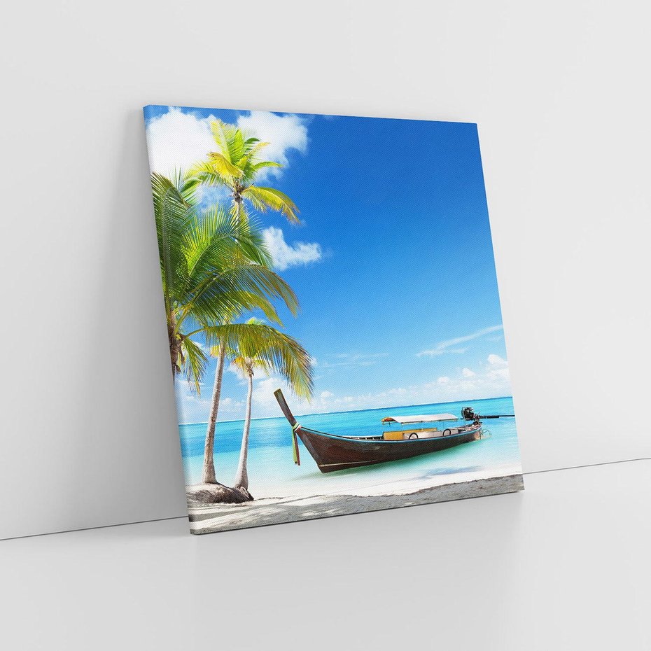 Obraz na płótnie 70x70 - Sielska plaża z łodzią na morzu - plaża, morze