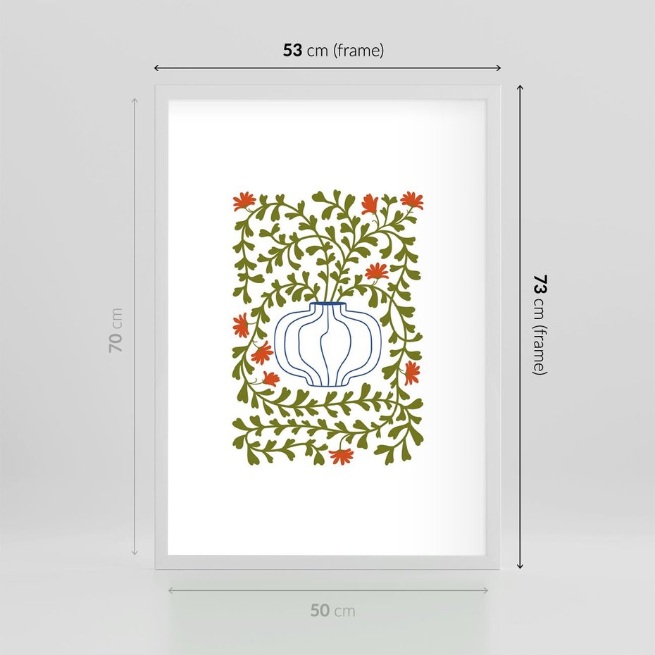 Plakat w ramie 50x70 - Wewnętrzne Fale - kwiaty w wazonie, minimalizm - rama biała