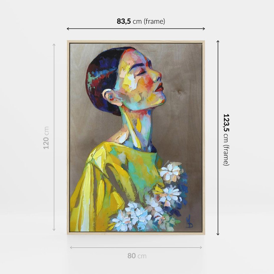 Obraz w ramie 80x120 - W Żółtej Sukience - olejny abstrakcyjny obraz, portret kobiety w żółtej sukience - rama drewno