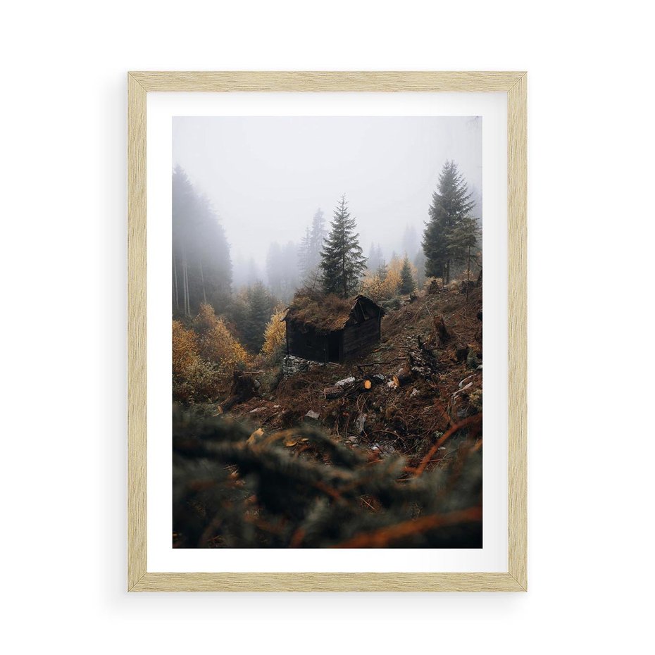Plakat w ramie 50x70 - Górski las - stary zniszczony domek w górach, góry - rama drewno