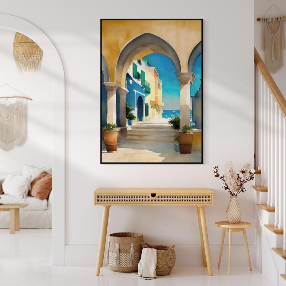 Obraz w ramie 70x100 - Nadmorskie Łuki - akwarela, śródziemnomorski klimat - rama czarna