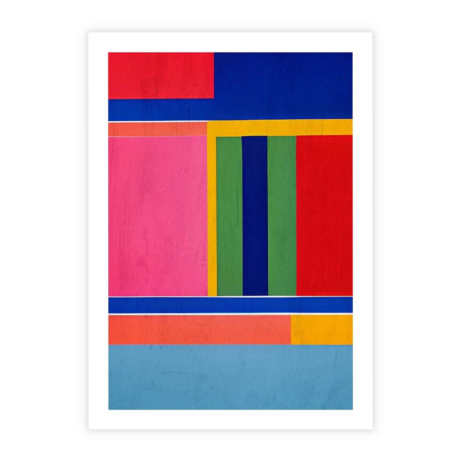 Plakat bez ramy 21x30 - Wnętrza Rozplątanych Barw - abstrakcyjny geometryczny obraz olejny, kolorowe pasy