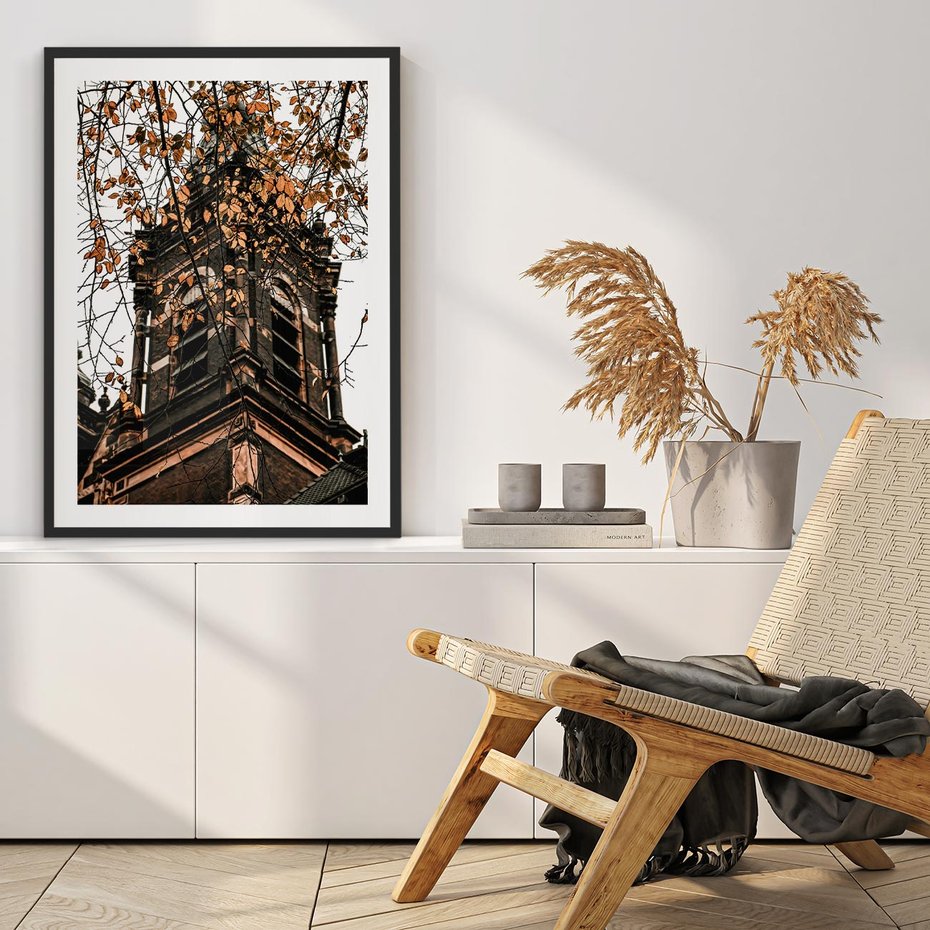 Plakat bez ramy 50x70 - Jesienna Wieża w Liściach - architektura, wieża