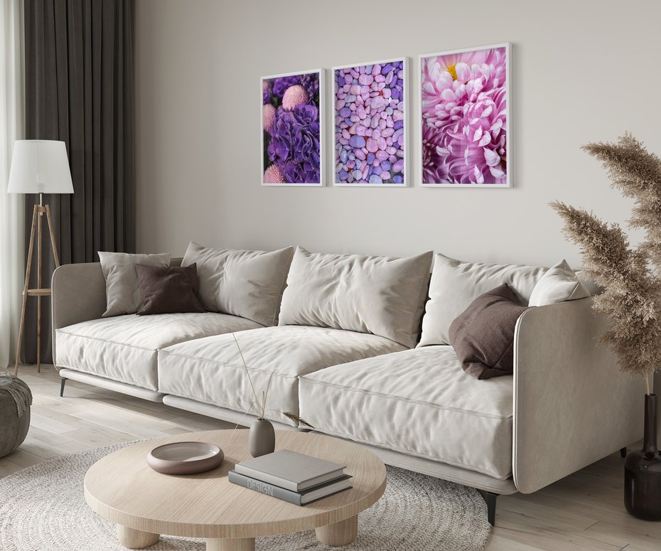 Zestaw obrazy w ramie 40x50 galeria - Fiolet, kwiaty, hortensja, wrzosy - rama biała