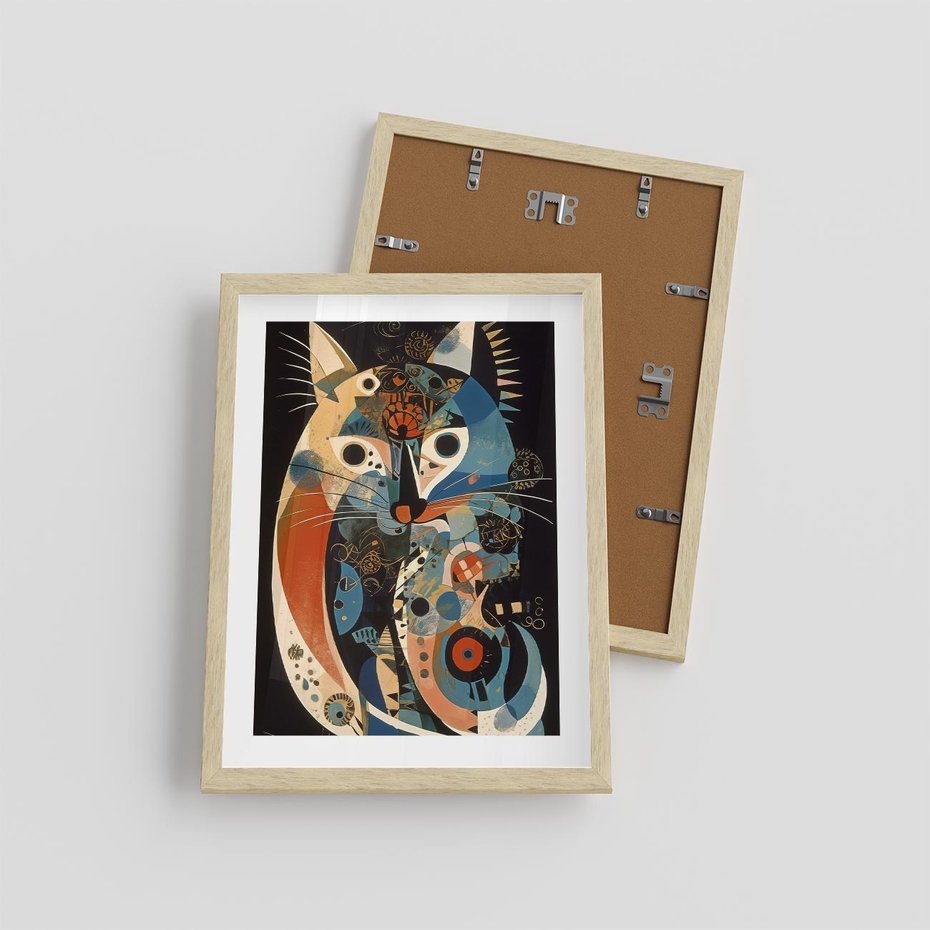 Plakat w ramie 30x40 - Księga Surrealnych Wymiarów - abstrakcyjny obraz olejny, kot - rama drewno