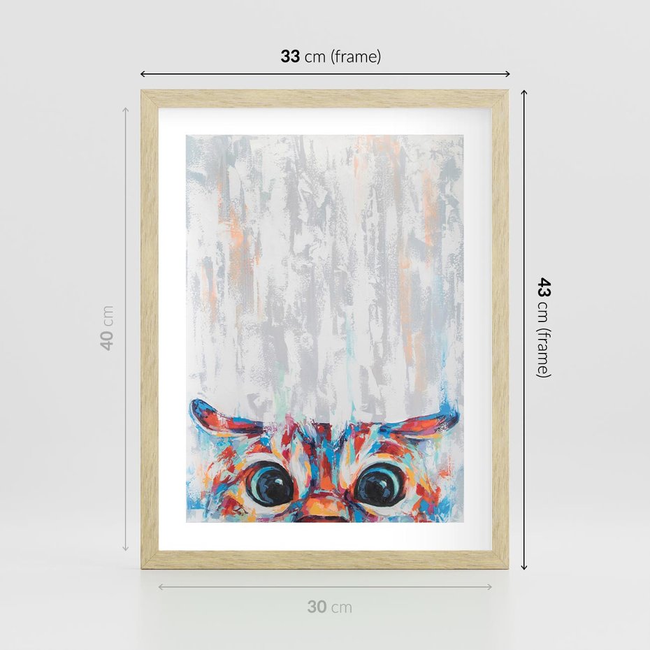 Plakat w ramie 30x40 - Co ja Widzę - obraz olejny, śmieszny obraz kota - rama drewno