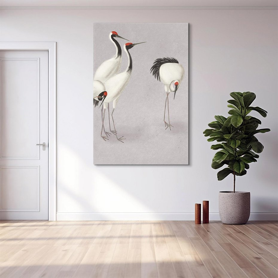 Obraz na płótnie 70x100 - Spojrzenie wstecz w pędzlu - szkic rysunek, japońskie żurawie