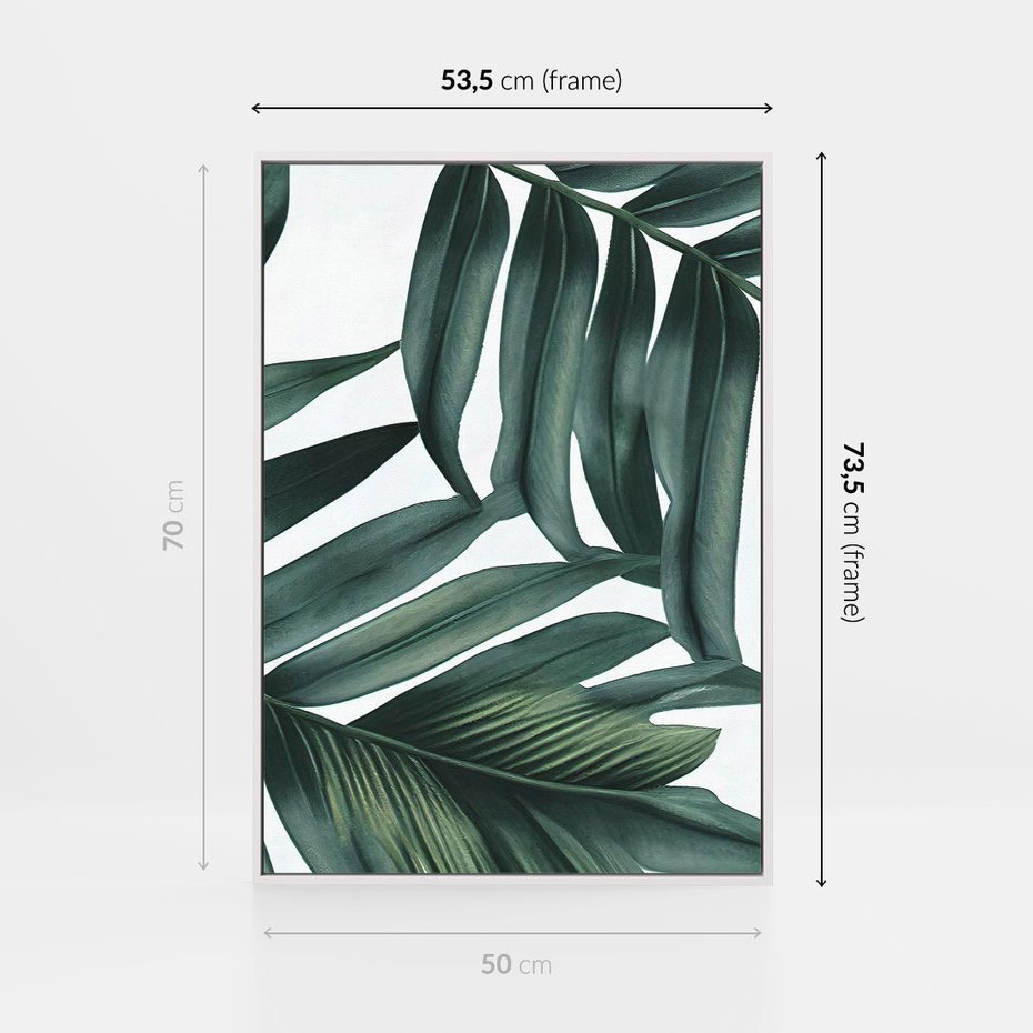 Obraz w ramie 50x70 - Ruchome liście czasu - liście palmy, tropikalne - rama biała