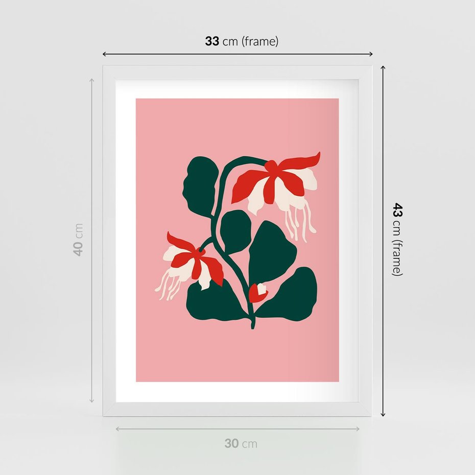 Plakat w ramie 30x40 - Migotliwa Kreatywność - abstrakcyjne kwiaty, różowe tło - rama biała