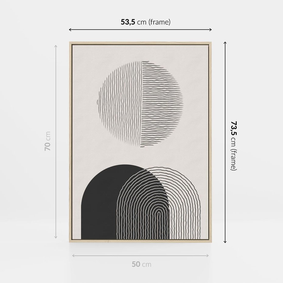 Obraz w ramie 50x70 - Przenikająca Rzeczywistość - abstrakcyjna kompozycja, okręgi i półokręgi - rama drewno