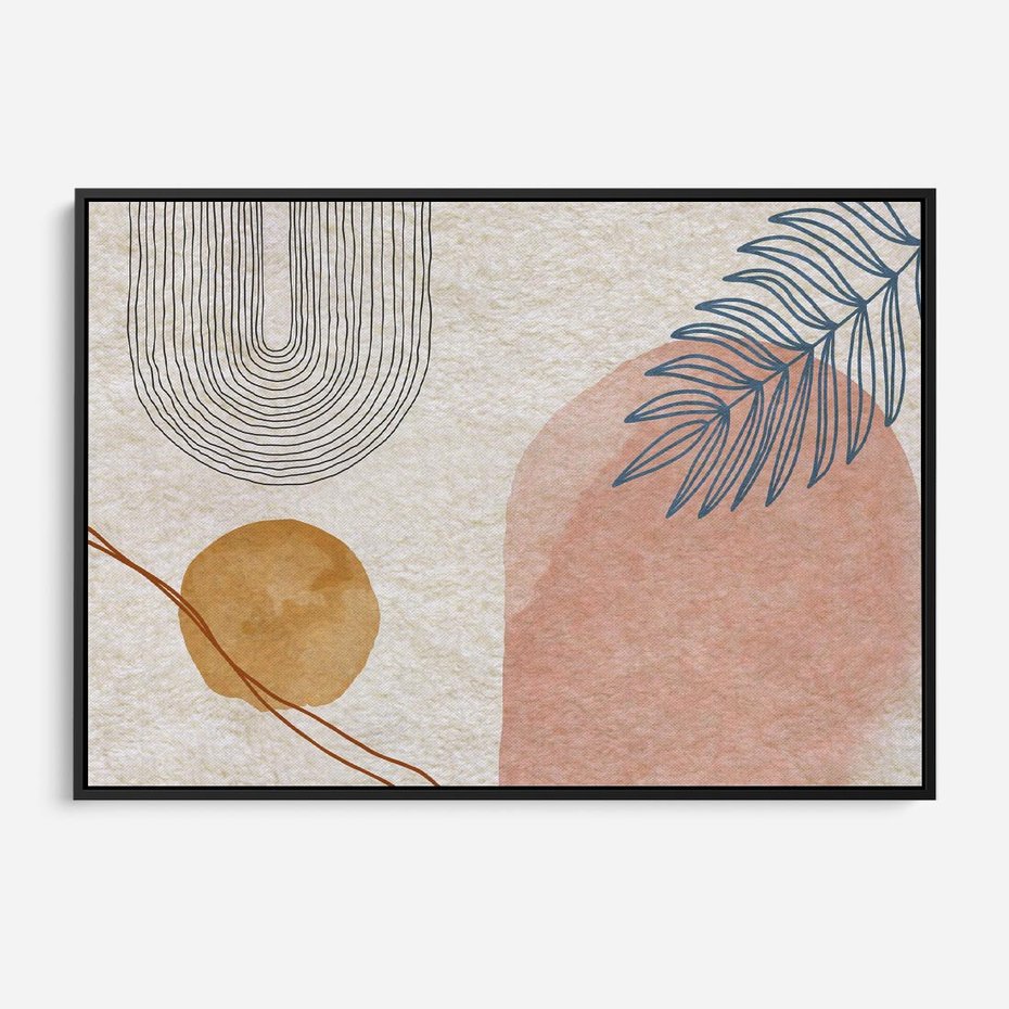 Obraz w ramie 70x50 - Liście i Geometrie - nowoczesny, akwarelowe plamy - rama czarna