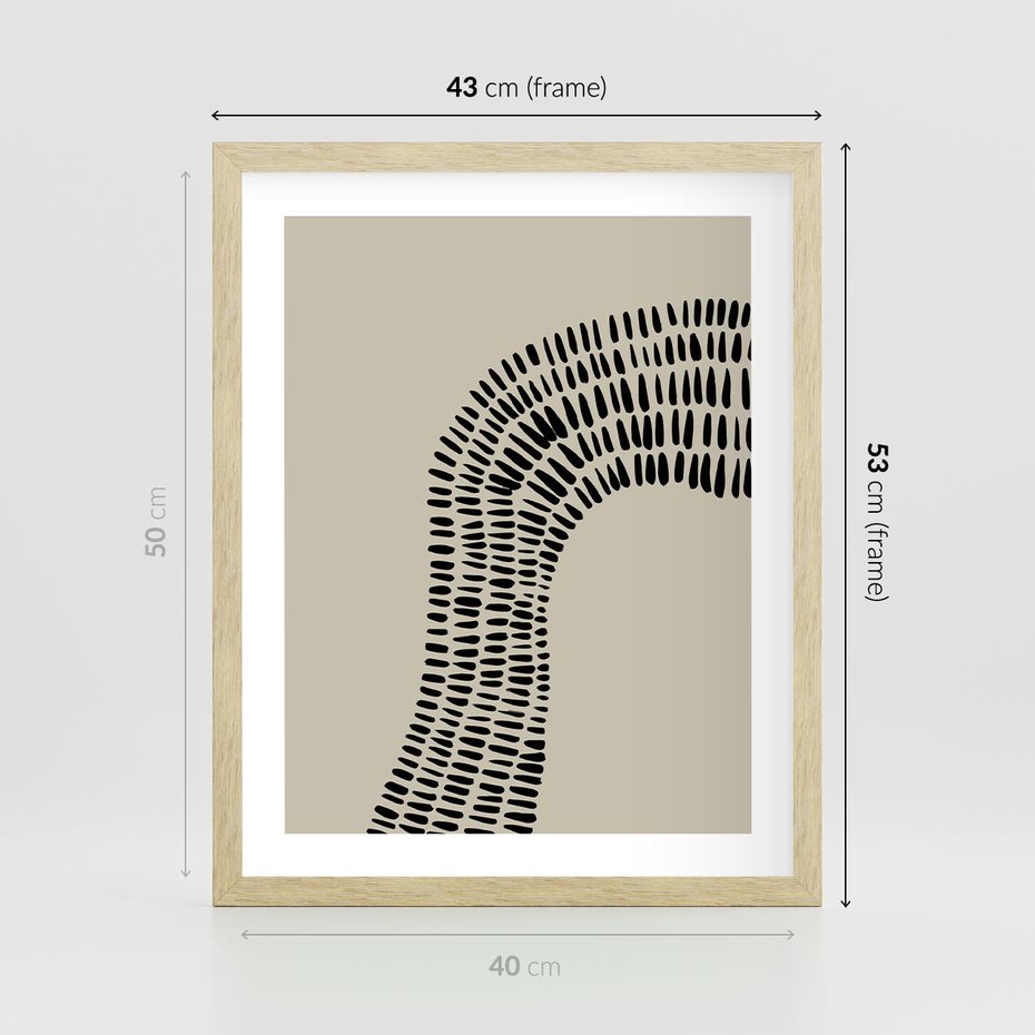 Plakat w ramie 40x50 - Migotliwa Innowacyjna Ekspresja - boho plakat, czarne kropki kreski - rama drewno