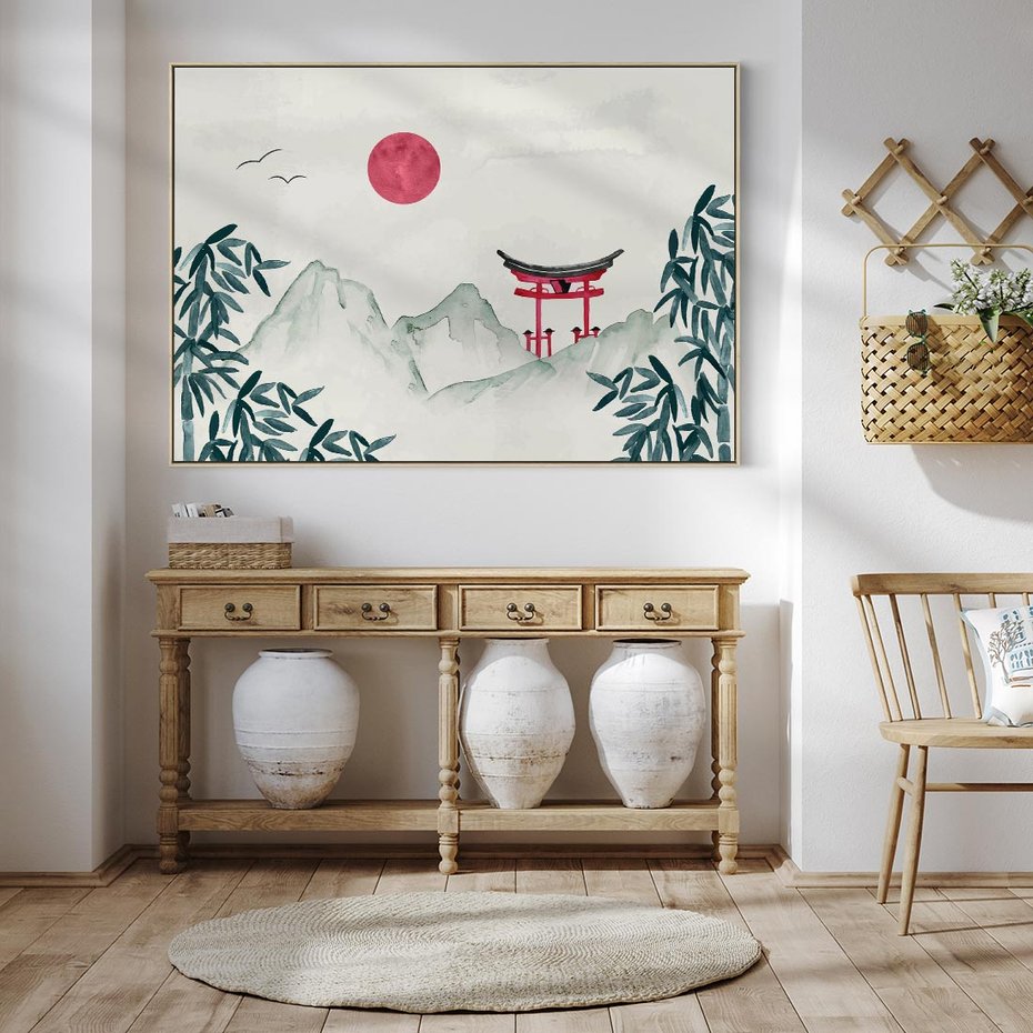 Obraz w ramie 70x50 - Słońce nad Górami - japoński krajobraz, góry - rama drewno