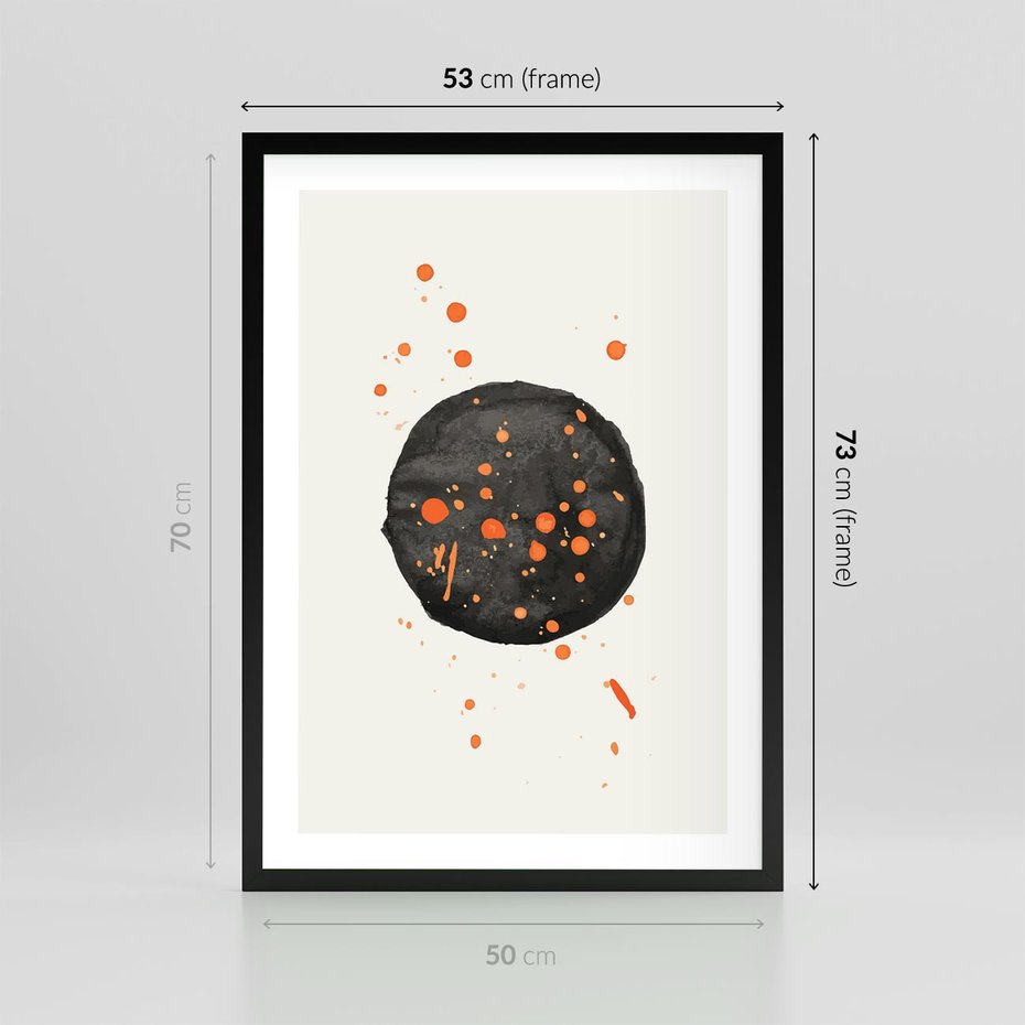 Plakat w ramie 50x70 - Impulsy Kreatywności - abstrakcyjna czarna plama, rozsiane pomarańczowe kropki - rama czarna