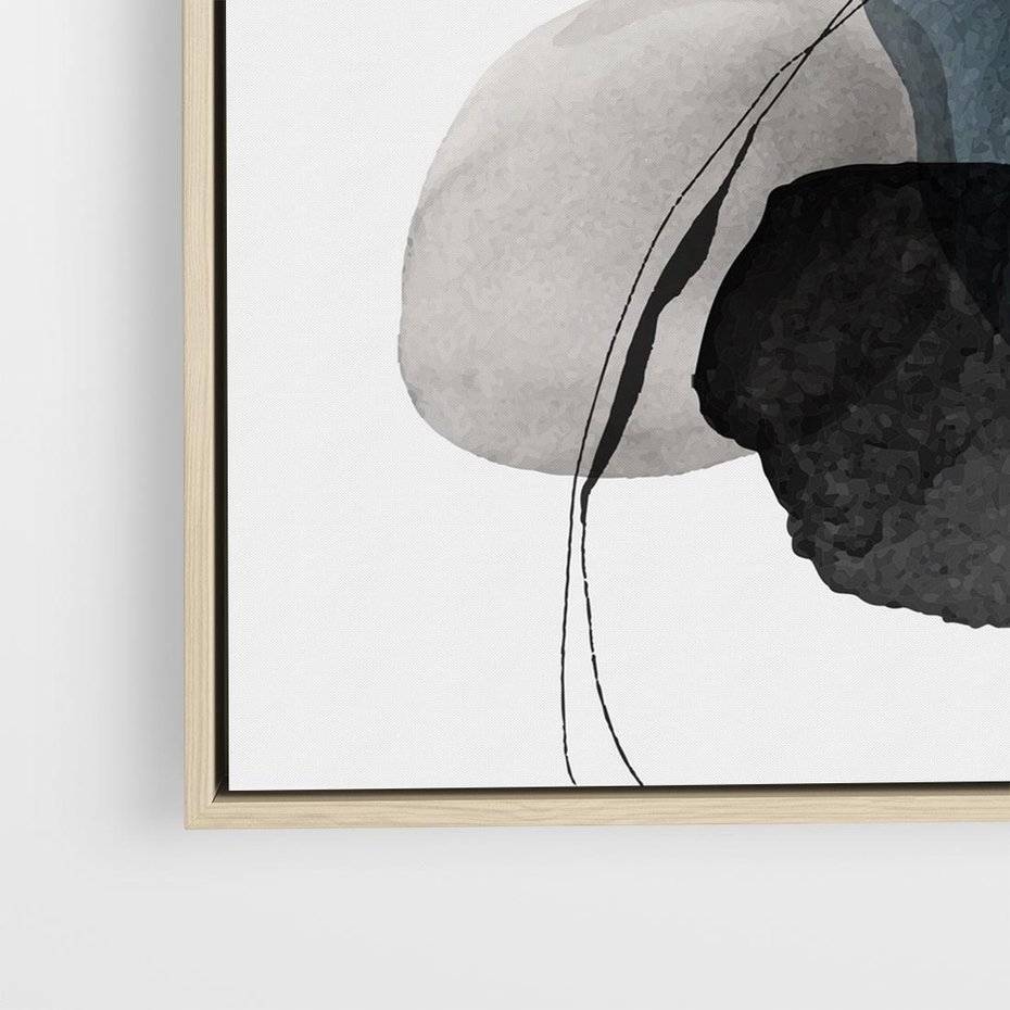 Obraz w ramie 50x50 - Wibracje Kształtów - abstrakcyjne plamy akwarelowe, czarny szkic - rama drewno