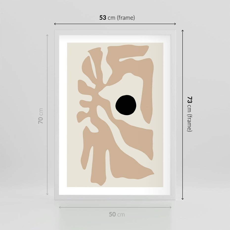 Plakat w ramie 50x70 - Eksploracja Abstrakcji - beżowa absrakcyjna kompozycja, czarny akcent - rama biała
