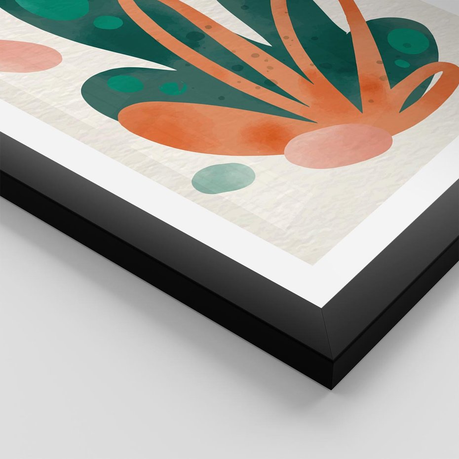 Plakat w ramie 50x70 - Harmonia bez Harmonii - akwarelowe abstrakcyjne kształty, zieleń i pomarańcz - rama czarna