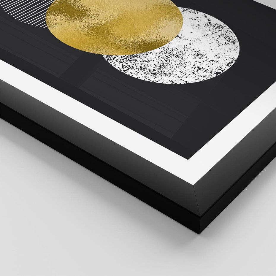 Plakat w ramie 50x70 - Geometryczna Perfekcja: Złote Koło - geometryczna grafika, złote koło - rama czarna