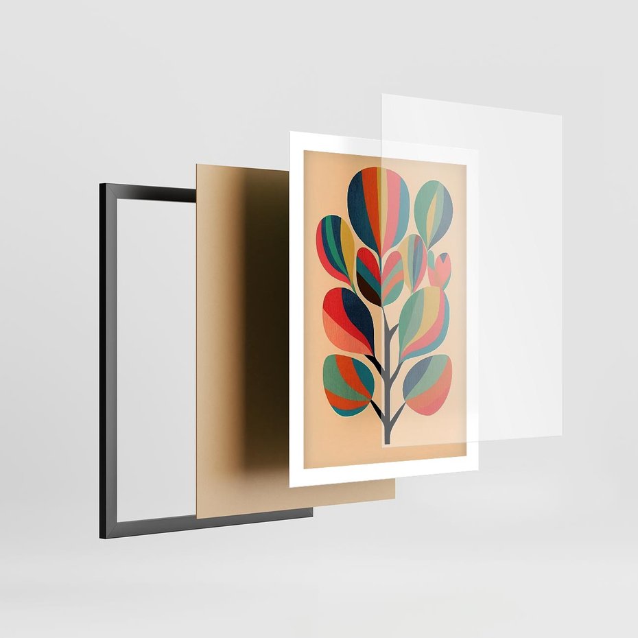 Plakat w ramie 50x70 - Harmonia Rozplątanych Form - abstrakcyjny kolorowy tęczowy obraz, inspiracje roślinne - rama czarna