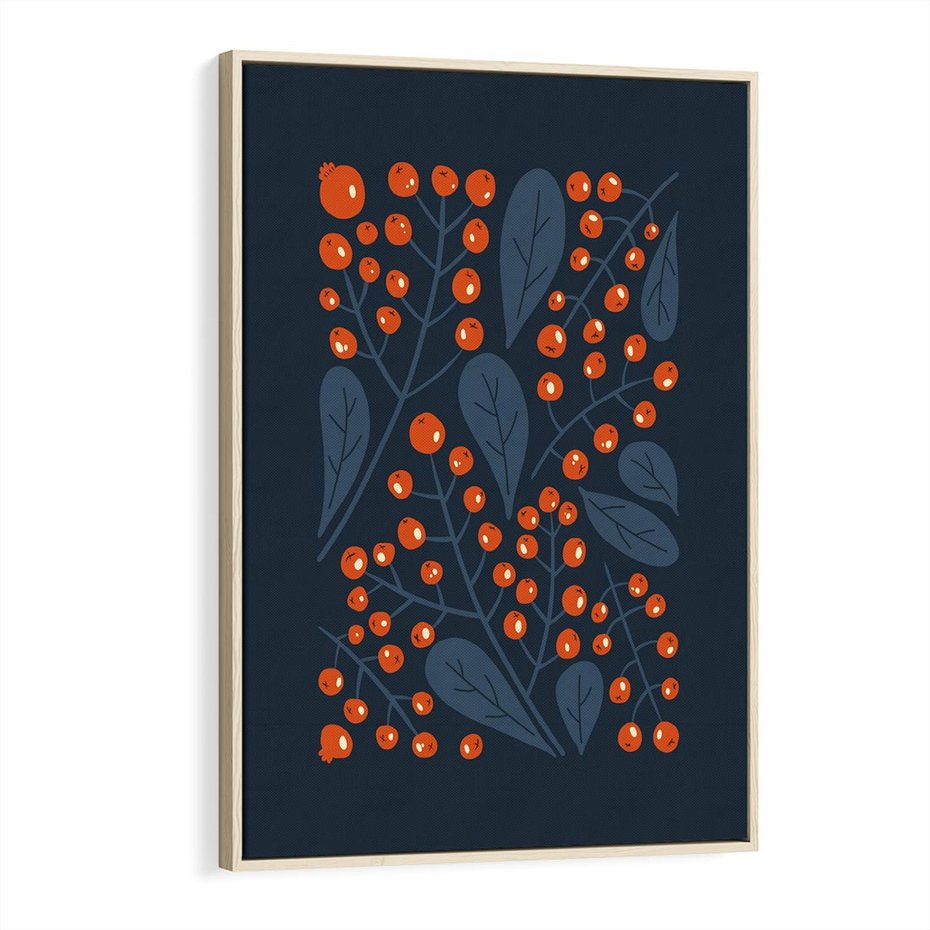 Obraz w ramie 80x120 - Symfonia liści i owoców - granatowe tło, pomarańczowe owoce jarzębiny - rama drewno