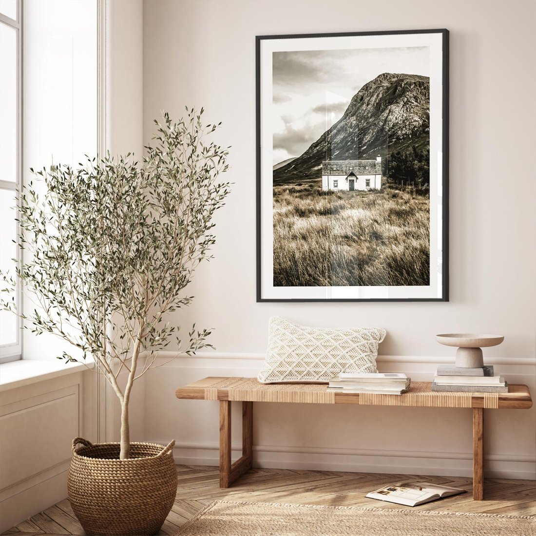 Plakat w ramie 40x50 - Biały Domek w Sepii: Wiejski Urok - domek w górach, kolory sepii - rama czarna