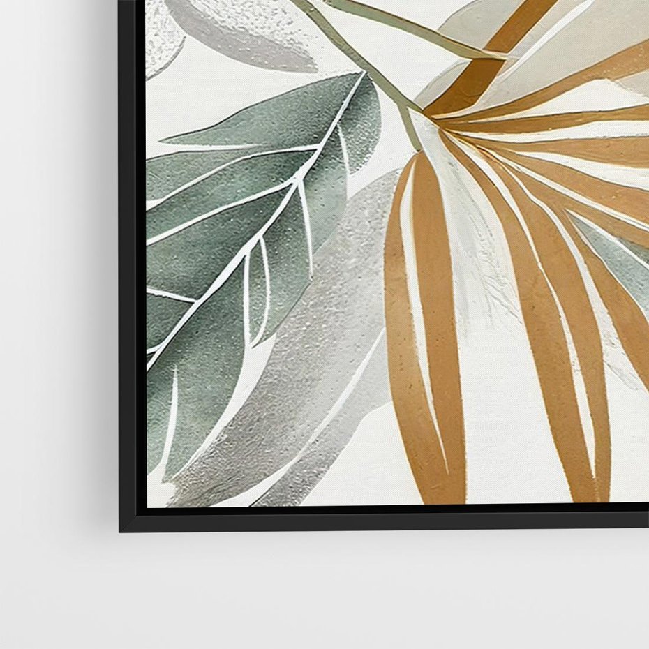 Obraz w ramie 100x70 - Współbrzmienie wewnętrznego ja - kompozycja z tropikalnych liści, stonowane kolory - rama czarna