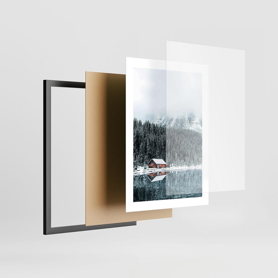 Plakat w ramie 30x40 - Biały Domek - domek w górach, zima - rama czarna