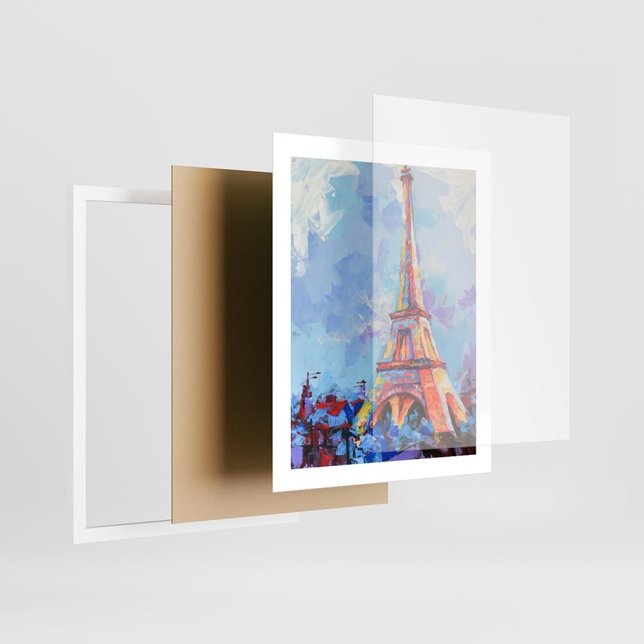 Plakat w ramie 40x50 - Paryska Wieża - olejny abstrakcyjny obraz, wieża eiffla - rama biała