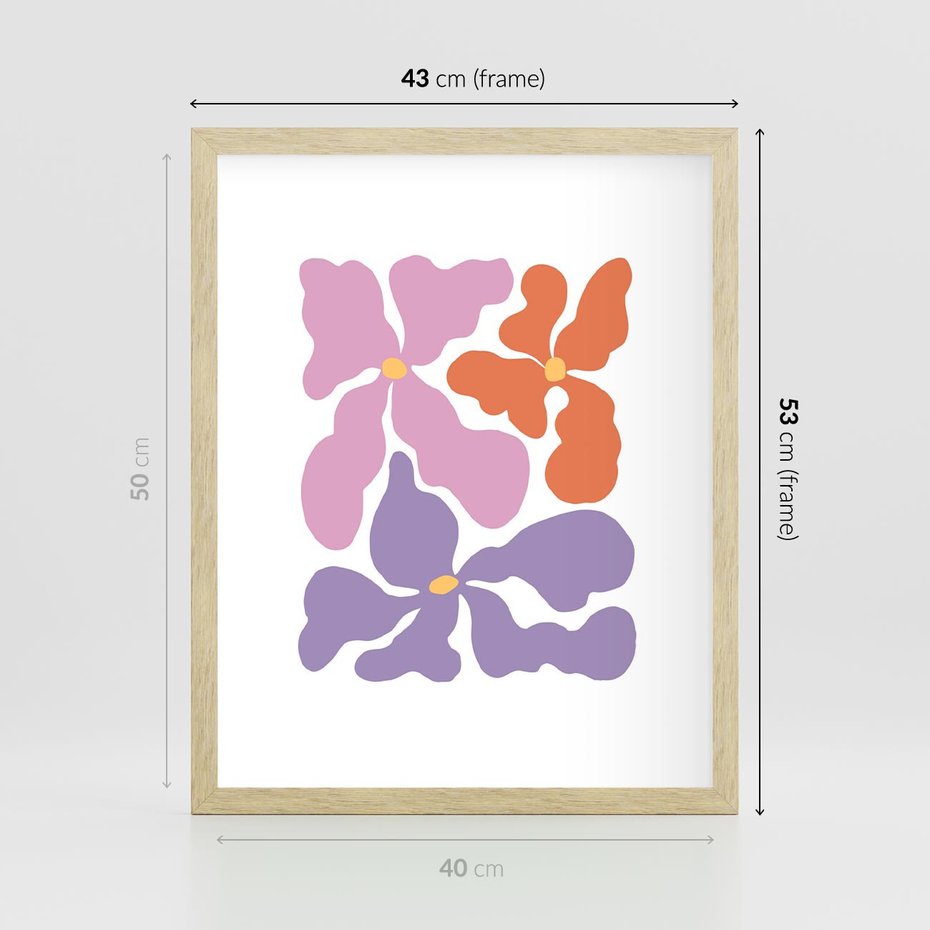 Plakat w ramie 40x50 - Bezgraniczne Wibracje - abstrakcyjne kolorowe kwiaty, minimlizm - rama drewno