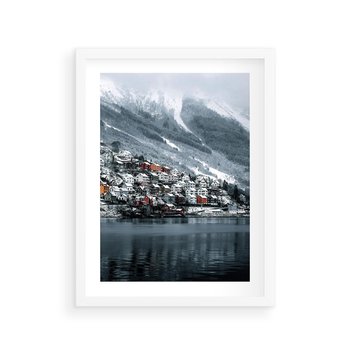 Plakat w ramie 30x40 - Skandynawia na Wzgórzach - domki na wzgórzu, skandynawia - rama biała