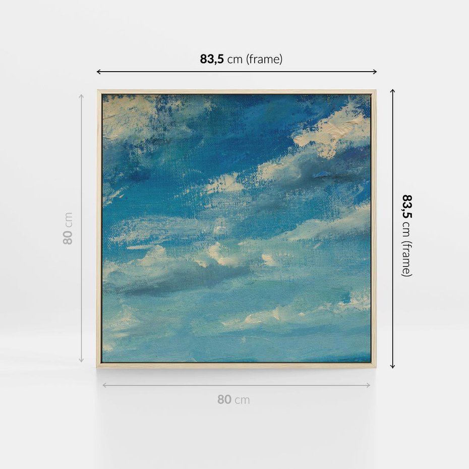 Obraz w ramie 80x80 - Oddechy niebiańskiej materii - olejny obraz, smugi farby przypominają obłoki na błękitnym niebie - rama drewno