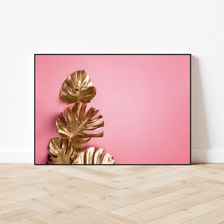 Obraz w ramie 100x70 - Luksusowa Elegancja - złote, liście - rama czarna