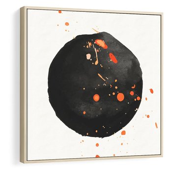 Obraz w ramie 50x50 - Wnętrza Marzeń - abstrakcyjna czarna plama, rozsiane pomarańczowe kropki - rama drewno