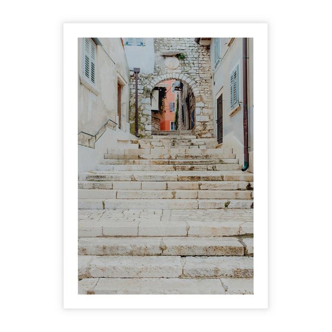 Plakat bez ramy 21x30 - Schody we Włoskim Miasteczku - schody, śródziemnomorskie miasteczko